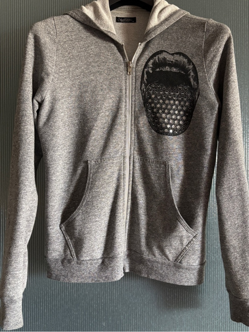 Lauren Moshi Gray Zip Hoodie Graphic Foil Tongue Lightweight Sweatshirt Size M